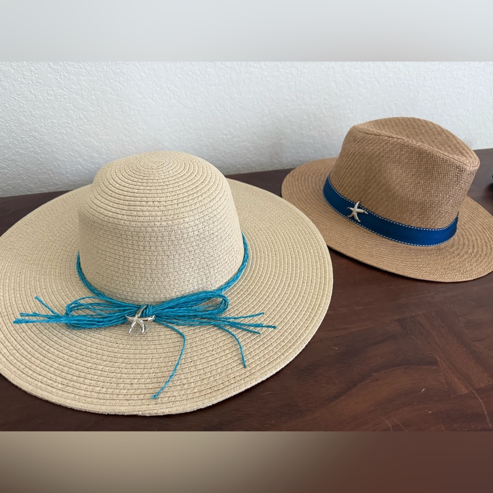 Stylish Straw Beach Pool Hats with Blue Accent and Starfish Charm - Set of 2